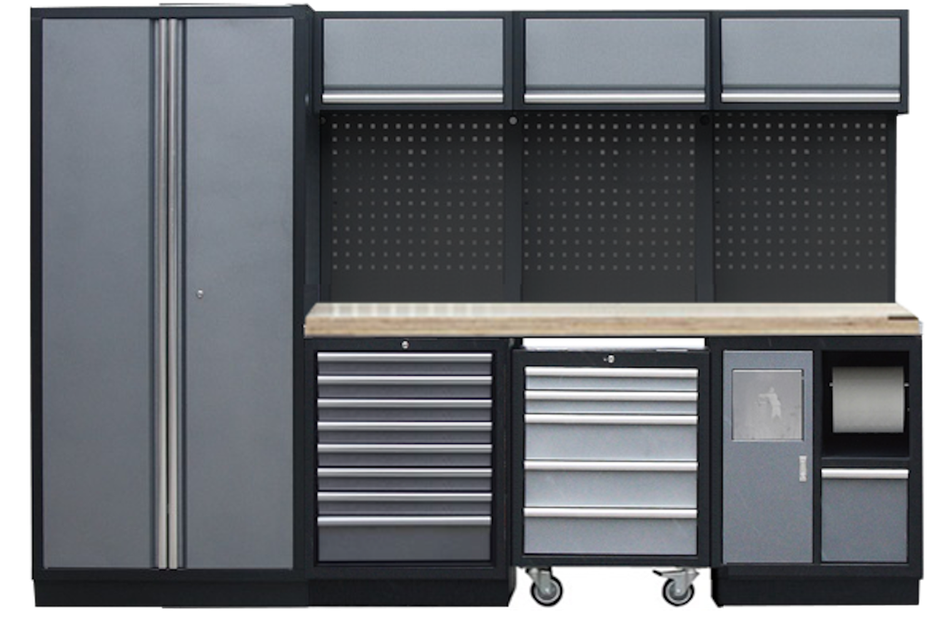 PROFESSIONAL GARAGE WALL SYSTEM 3 BACK PANELS+ 1 CABINET WITH WOODEN WORKTOP