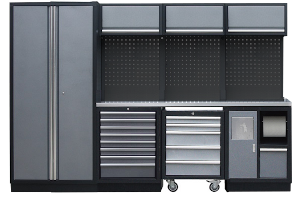 PROFESSIONAL GARAGE WALL SYSTEM 3 BACK PANELS+ 1 CABINET WITH STAINLESS STEEL WORKTOP