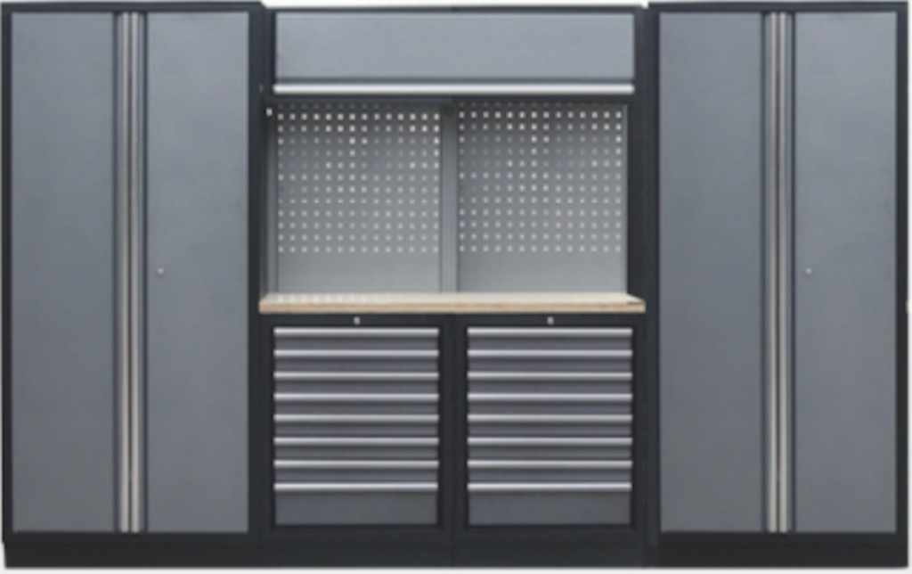 PROFESSIONAL GARAGE SERIES W/2 BACKING PANEL AND 2 TALL CABINETS