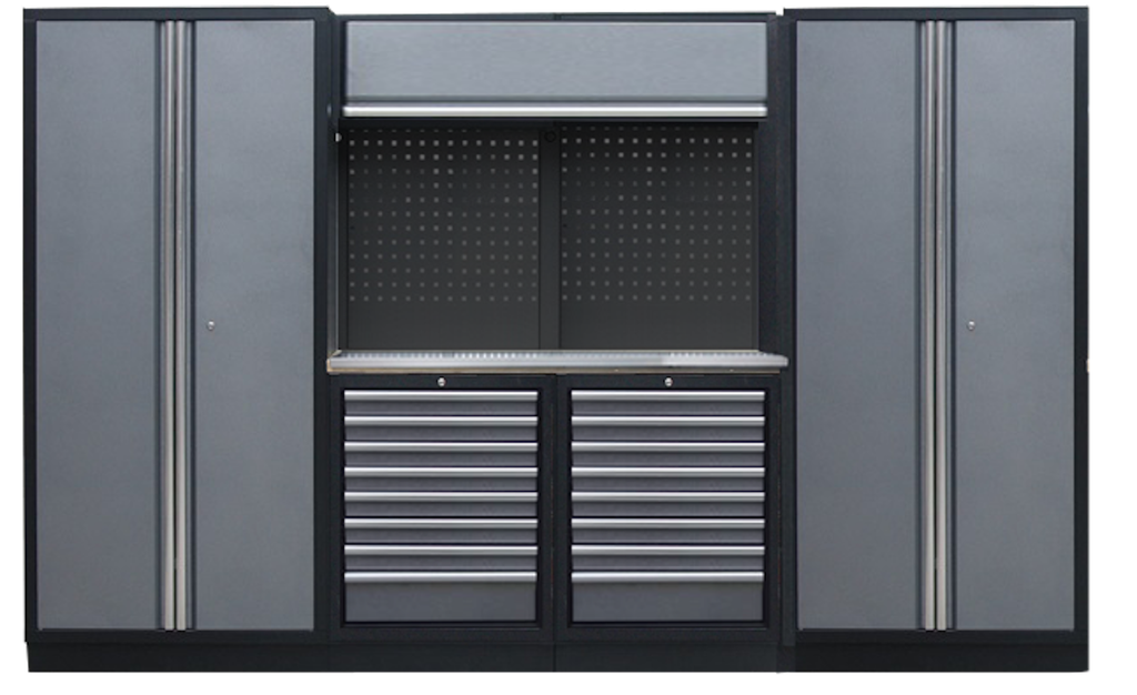 PROFESSIONAL GARAGE WALL SYSTEM 2 BACK PANELS+ 2 CABINETS WITH STAINLESS STEEL WORKTOP