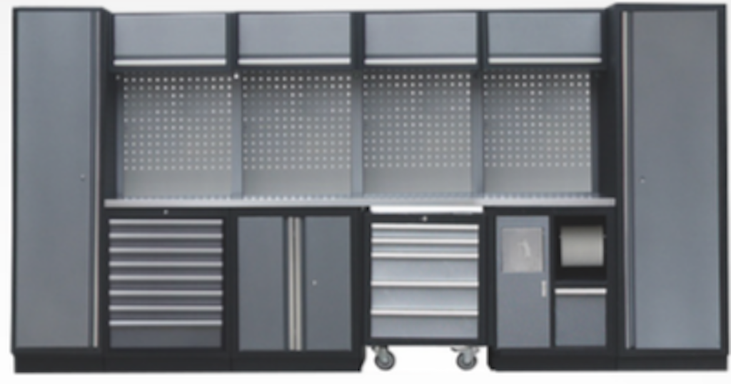PROFESSIONAL GARAGE SERIES W/4 BACKING PANEL AND 2 TALL CABINETS