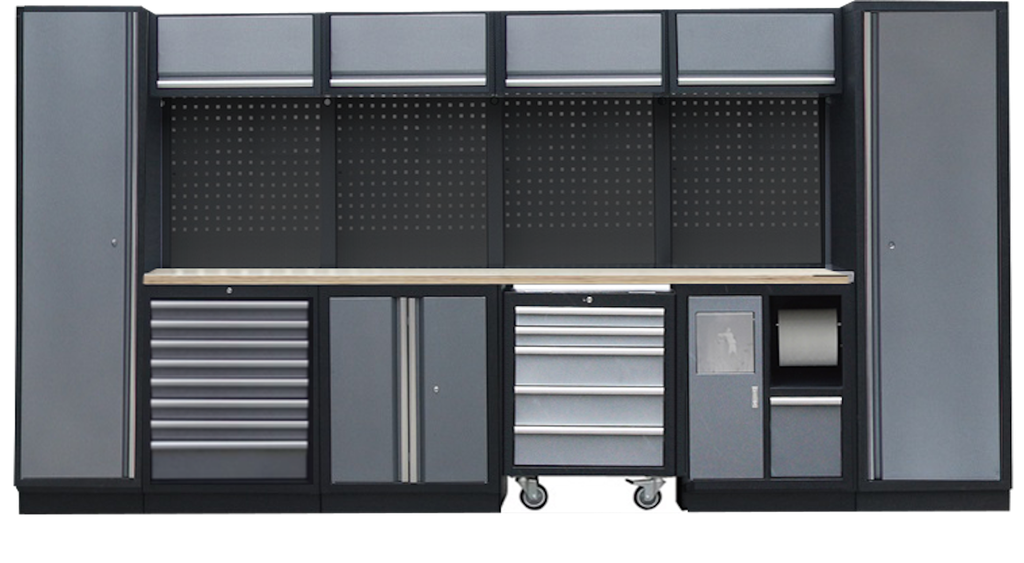 PROFESSIONAL GARAGE WALL SYSTEM 4 BACK PANELS+ 2 HIGH CABINETS WITH WOODEN WORKTOP