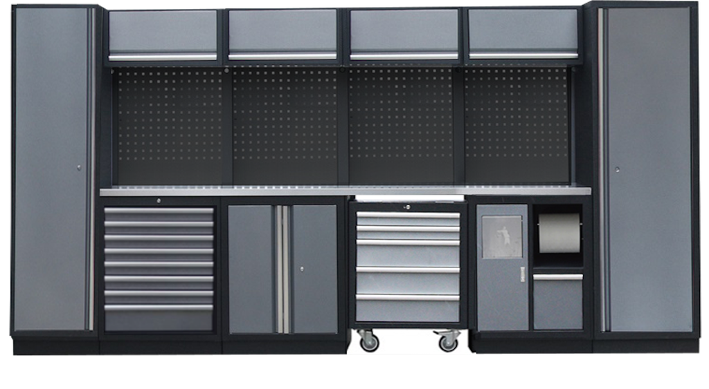 PROFESSIONAL GARAGE WALL SYSTEM 4 BACK PANELS+ 2 HIGH CABINETS WITH STAINLESS STEEL WORKTOP