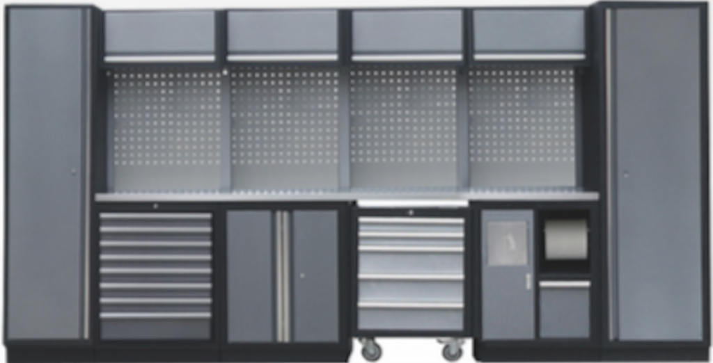 PROFESSIONAL GARAGE SERIES W/4 BACKING PANEL AND 2 TALL CABINETS