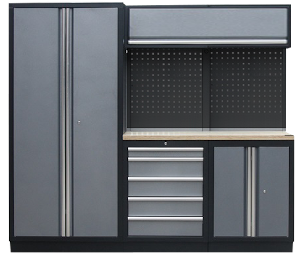 PROFESSIONAL GARAGE WALL SYSTEM 2 BACK PANELS+WIDE CABINET WITH WOODEN WORKTOP