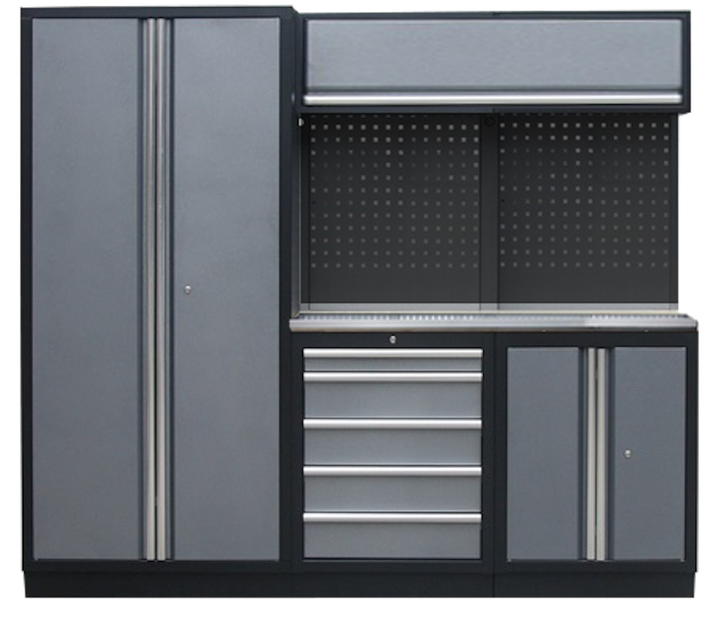 PROFESSIONAL GARAGE WALL SYSTEM 2 BACK PANELS+WIDE CABINET WITH STAINLESS STEEL WORKTOP