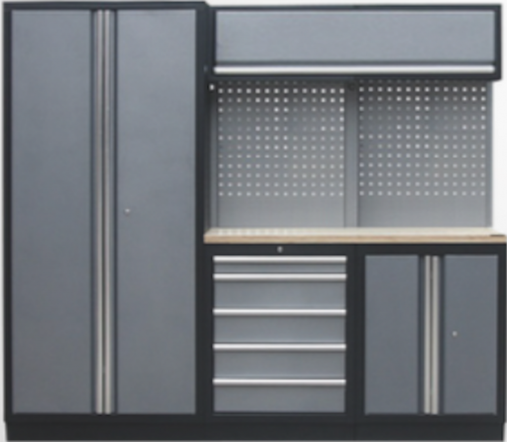 PROFESSIONAL GARAGE WALL SYSTEM 2 BACK PANELS+WIDE CABINET WITH STAINLESS STEEL WORKTOP