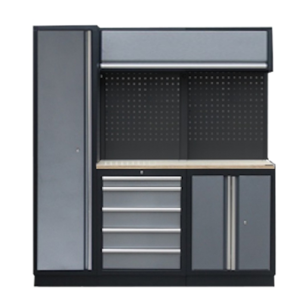 PROFESSIONAL GARAGE WALL SYSTEM 2 BACK PANELS+ CABINET WITH WOODEN WORKTOP