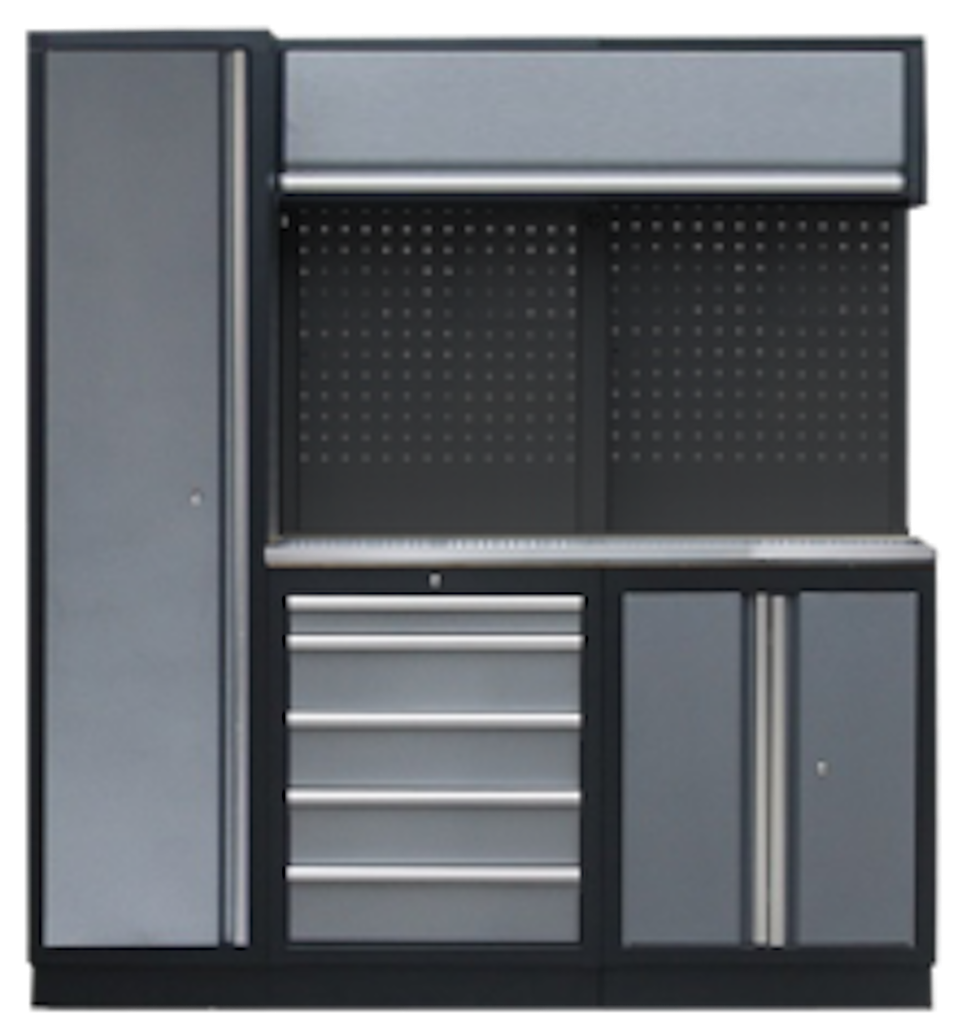 PROFESSIONAL GARAGE WALL SYSTEM 2 BACK PANELS+ CUPBOARD WITH STAINLESS STEEL WORKTOP