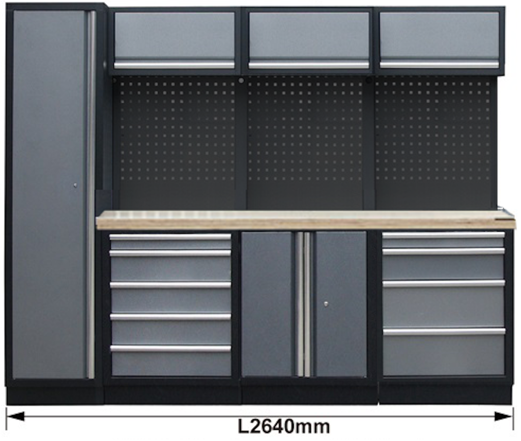 PROFESSIONAL GARAGE WALL SYSTEM 3 BACK PANELS+ CABINET WITH WOODEN WORKTOP