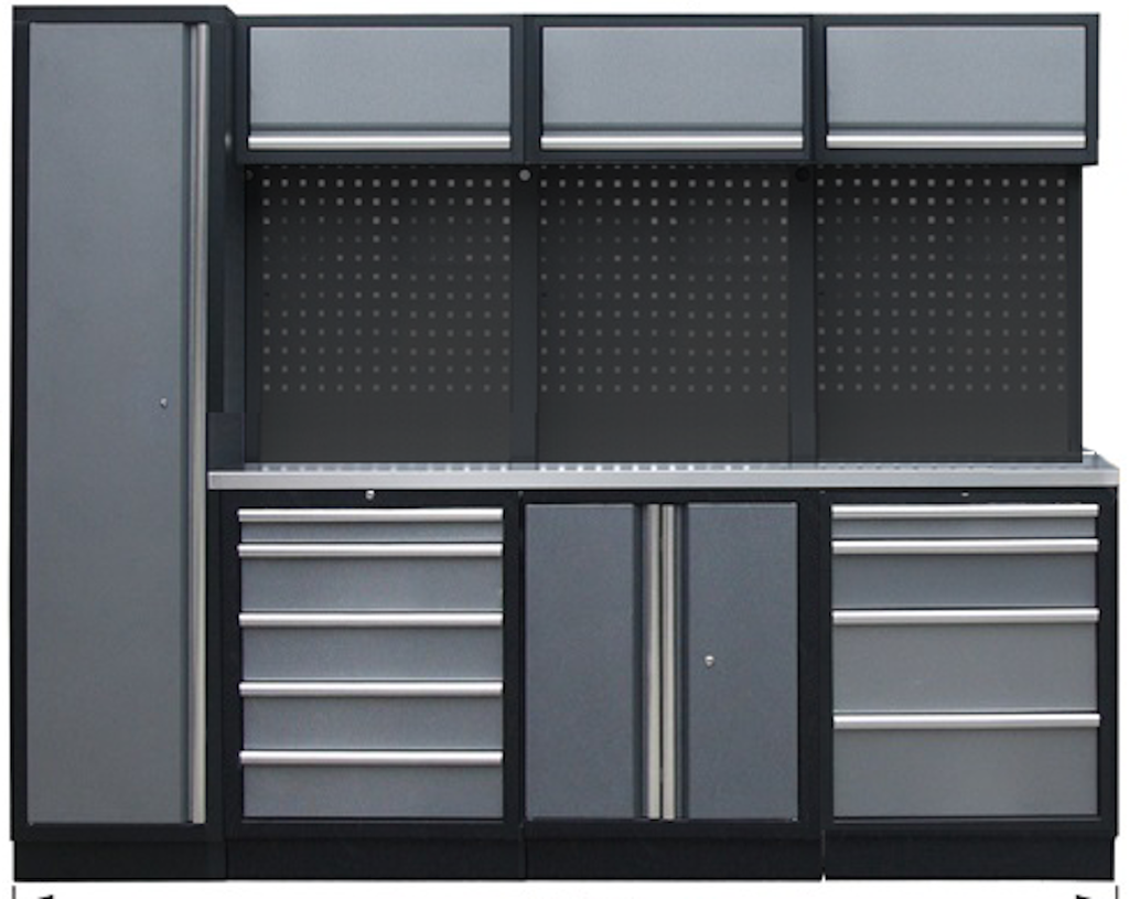 PROFESSIONAL GARAGE WALL SYSTEM 3 BACK PANELS+ CUPBOARD WITH STAINLESS STEEL WORKTOP