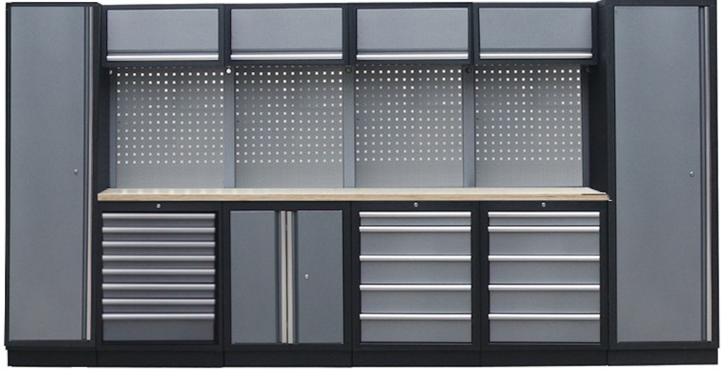 PROFESSIONAL GARAGE SERIES W/4 BACKING PANEL AND 2 TALL CABINETS