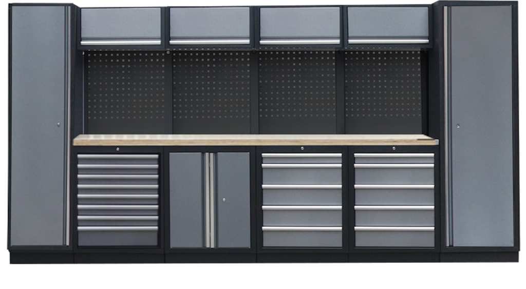 PROFESSIONAL GARAGE WALL SYSTEM 4 BACK PANELS+ 2 CABINETS WITH WOODEN WORKTOP