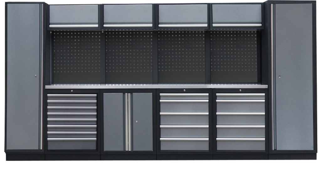 PROFESSIONAL GARAGE WALL SYSTEM 4 BACK PANELS+ 2 CABINETS WITH STAINLESS STEEL WORKTOP