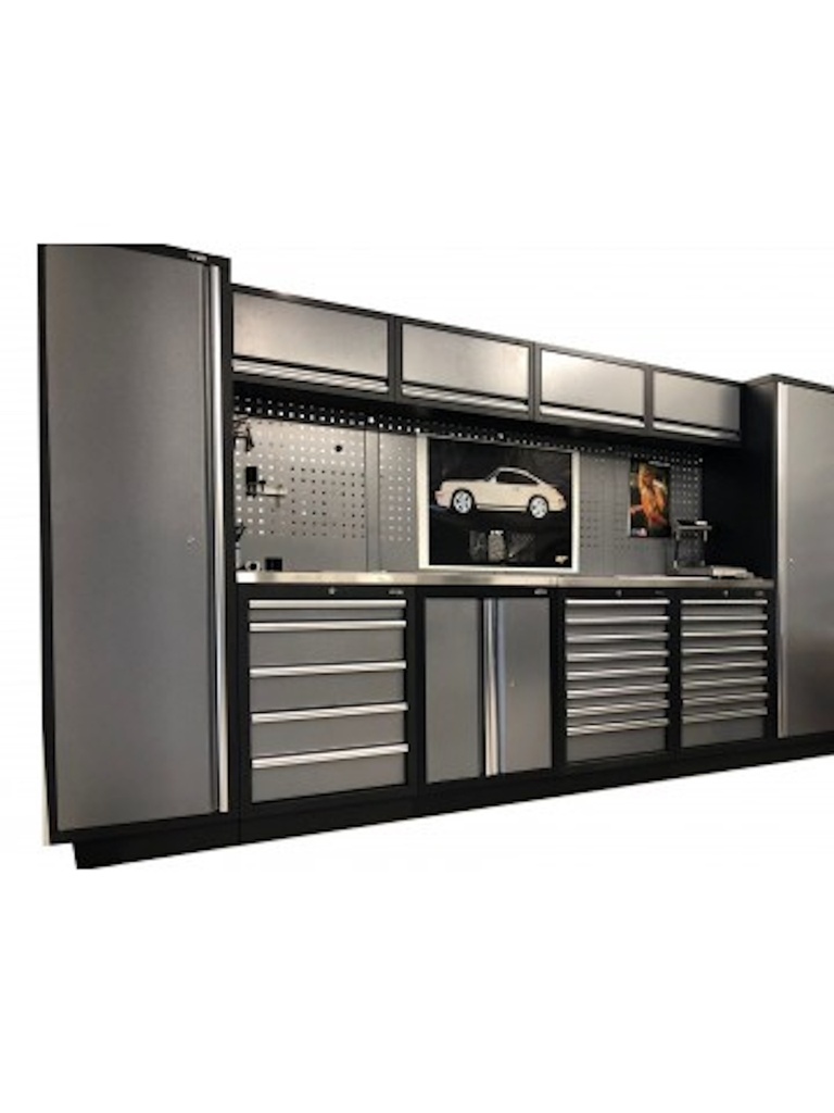 PROFESSIONAL GARAGE SERIES W/4 BACKING PANEL AND 2 TALL CABINETS