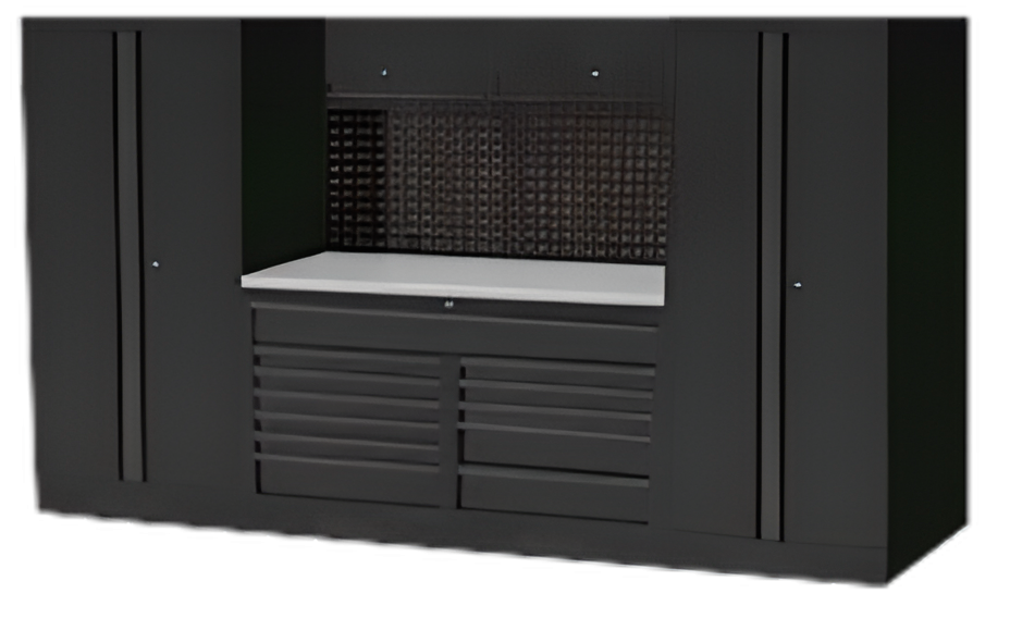 USA WORKSHOP SERIES STAINLESS STEEL TOP WITH 2 TALL CABINETS