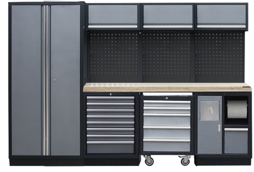 [SP01430B] PROFESSIONAL GARAGE WALL SYSTEM 3 BACK PANELS+ 1 CABINET WITH WOODEN WORKTOP
