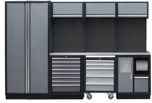 [SP01430B-S] PROFESSIONAL GARAGE WALL SYSTEM 3 BACK PANELS+ 1 CABINET WITH STAINLESS STEEL WORKTOP