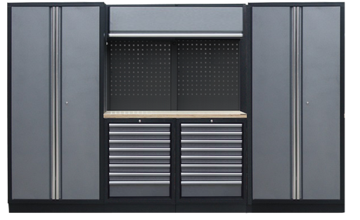 [SP01431B] PROFESSIONAL GARAGE WALL SYSTEM 2 BACK PANELS+ 2 CABINETS WITH WOODEN WORKTOP