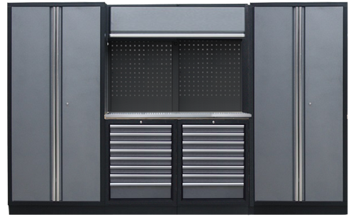 [SP01431B-S] PROFESSIONAL GARAGE WALL SYSTEM 2 BACK PANELS+ 2 CABINETS WITH STAINLESS STEEL WORKTOP