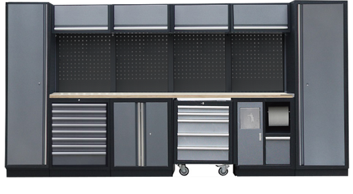 [SP01433B] PROFESSIONAL GARAGE WALL SYSTEM 4 BACK PANELS+ 2 HIGH CABINETS WITH WOODEN WORKTOP