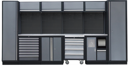 [SP01433B-S] PROFESSIONAL GARAGE WALL SYSTEM 4 BACK PANELS+ 2 HIGH CABINETS WITH STAINLESS STEEL WORKTOP