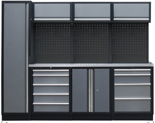 [SP41105B-S] PROFESSIONAL GARAGE WALL SYSTEM 3 BACK PANELS+ CUPBOARD WITH STAINLESS STEEL WORKTOP