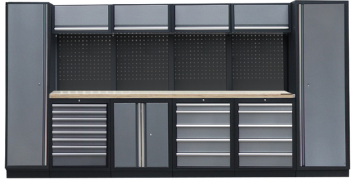[SP41107B] PROFESSIONAL GARAGE WALL SYSTEM 4 BACK PANELS+ 2 CABINETS WITH WOODEN WORKTOP