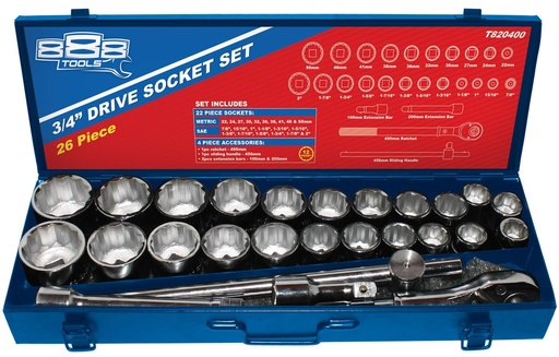 [T820400] T8 SOCKET SET 3/4DR 12PT 26PC METRIC/SAE